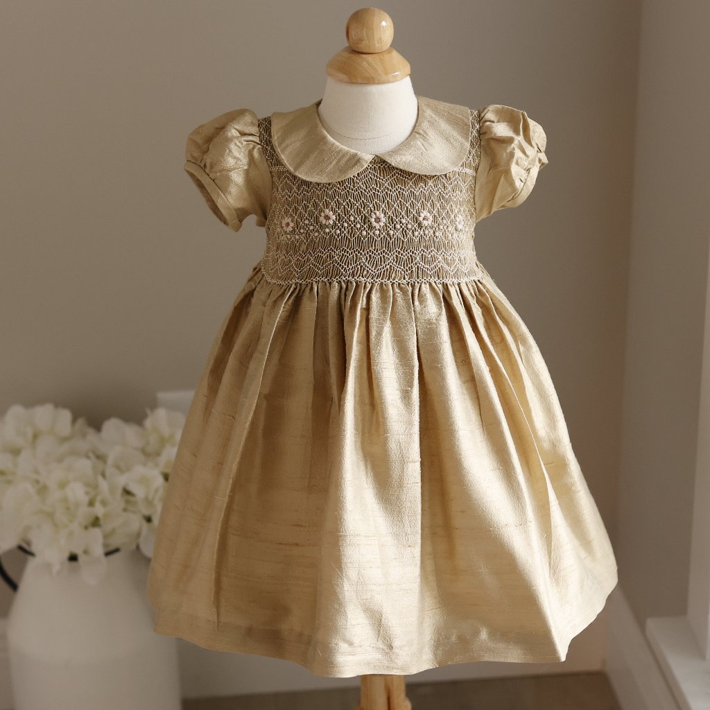 Silk Dupioni Dress Gold 100% Raw Silk Smocked Special Occasion Flower Girl Nwt